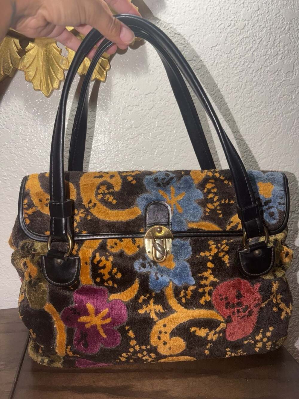 Vintage Jaclyn USA Floral Tapestry Velvet Handbag With Metal Top Lock